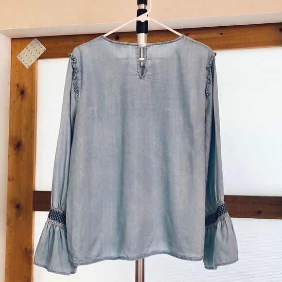 Alexander JORDAN Chambray Blouse w/ Embroidered Flared‎ Sleeves/ Sz L - Picture 4 of 6